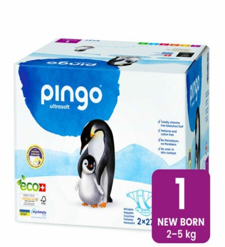 Pingo Newborn Jumbo Taille1– 2-5KG  –2 Sachets de 27 Couches = Lingettes Offertes