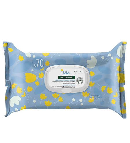 Klorane – Lingettes nettoyantes douces pour le corps au Calendula apaisant – Bébé – Peau normale à sèche 70 u