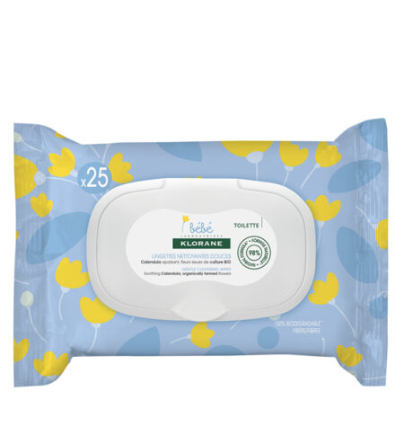 Klorane – Lingettes nettoyantes douces pour le corps au Calendula apaisant – Bébé – Peau normale à sèche 25 u