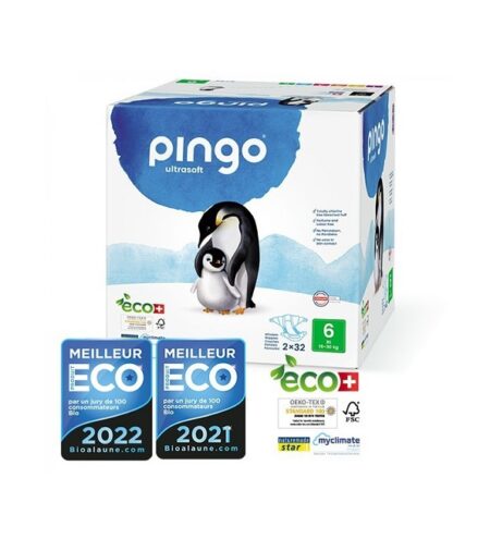 PINGO COUCHES ÉCOLOGIQUES JETABLES JUMBO XL TAILLE 6 (15-30KG) 2X32 COUCHES