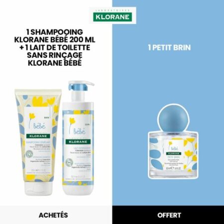 KLORANE Bébé Shampooing 200ml+1 Lait sans Rinçage 500ml = 1 Petit Brin OFFERT
